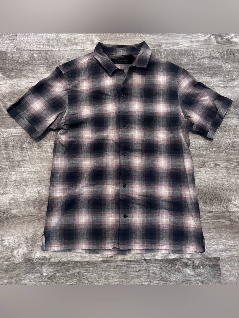 AllSaints Short Sleeve Button Up Shirt Shadow Check Black/Gray/Tan Mens M